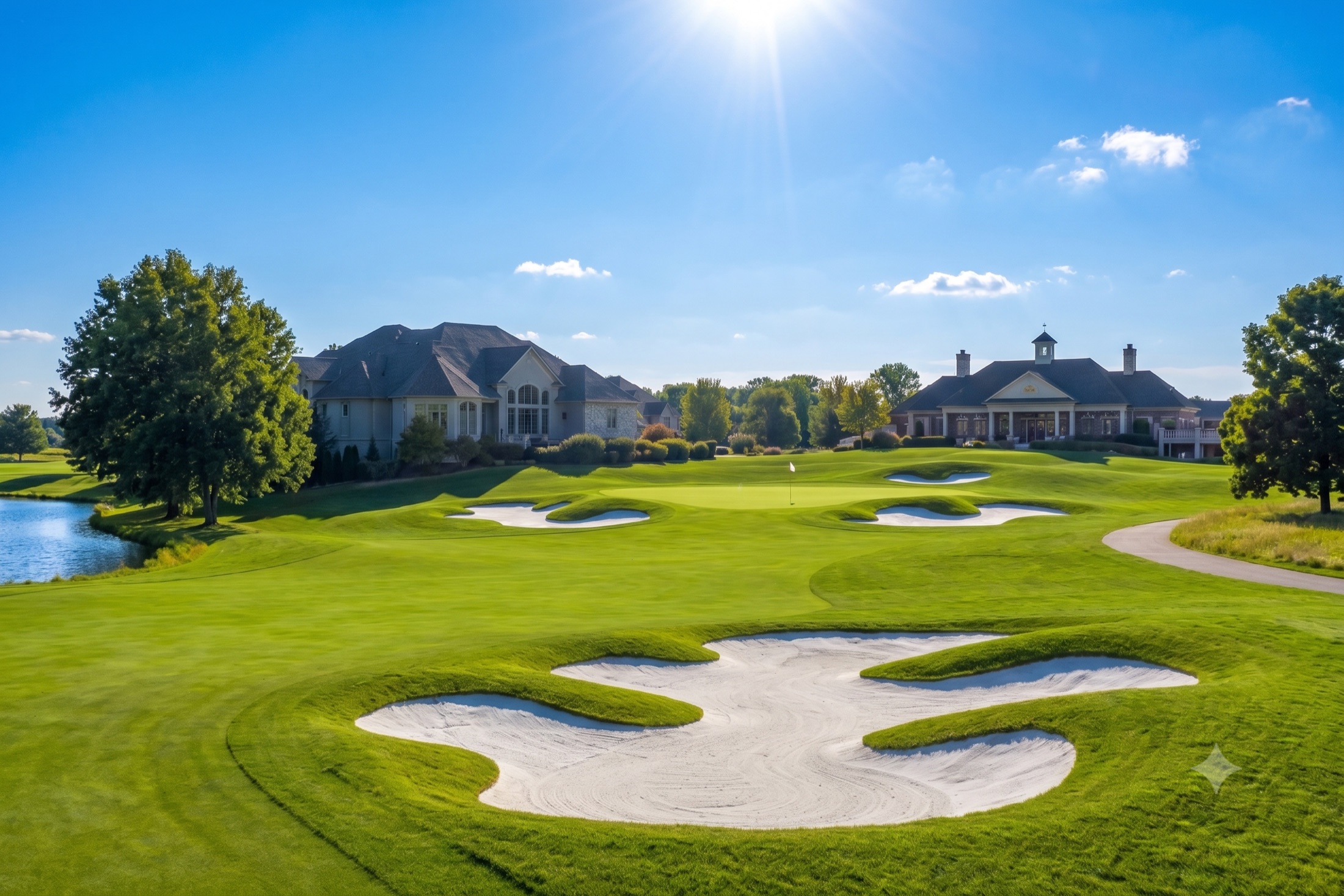 A Kansas City–area golf course with a clubhouse, sand bunkers, and luxury homes