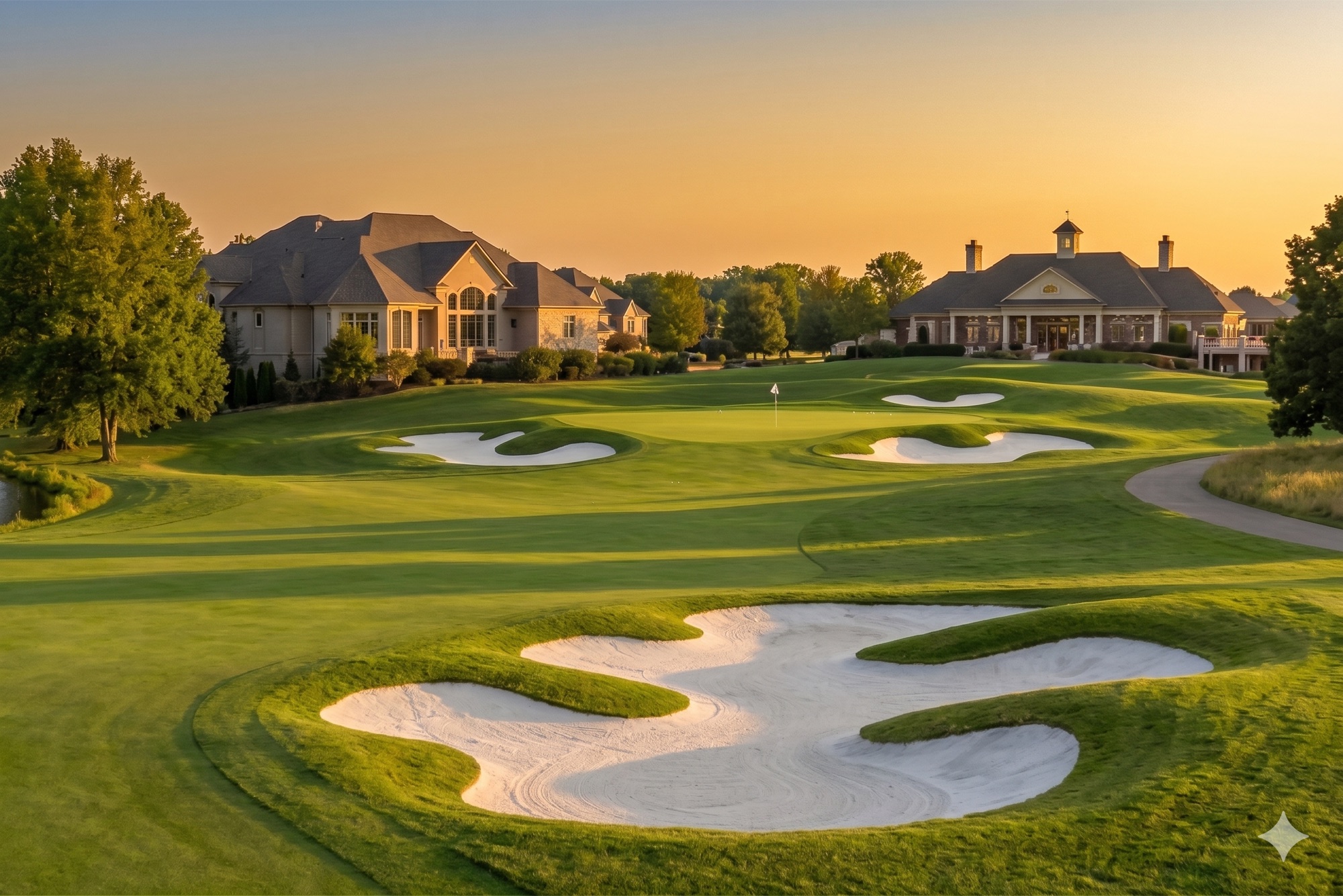 A Kansas City–area golf course at sunset with a clubhouse and sand bunkers